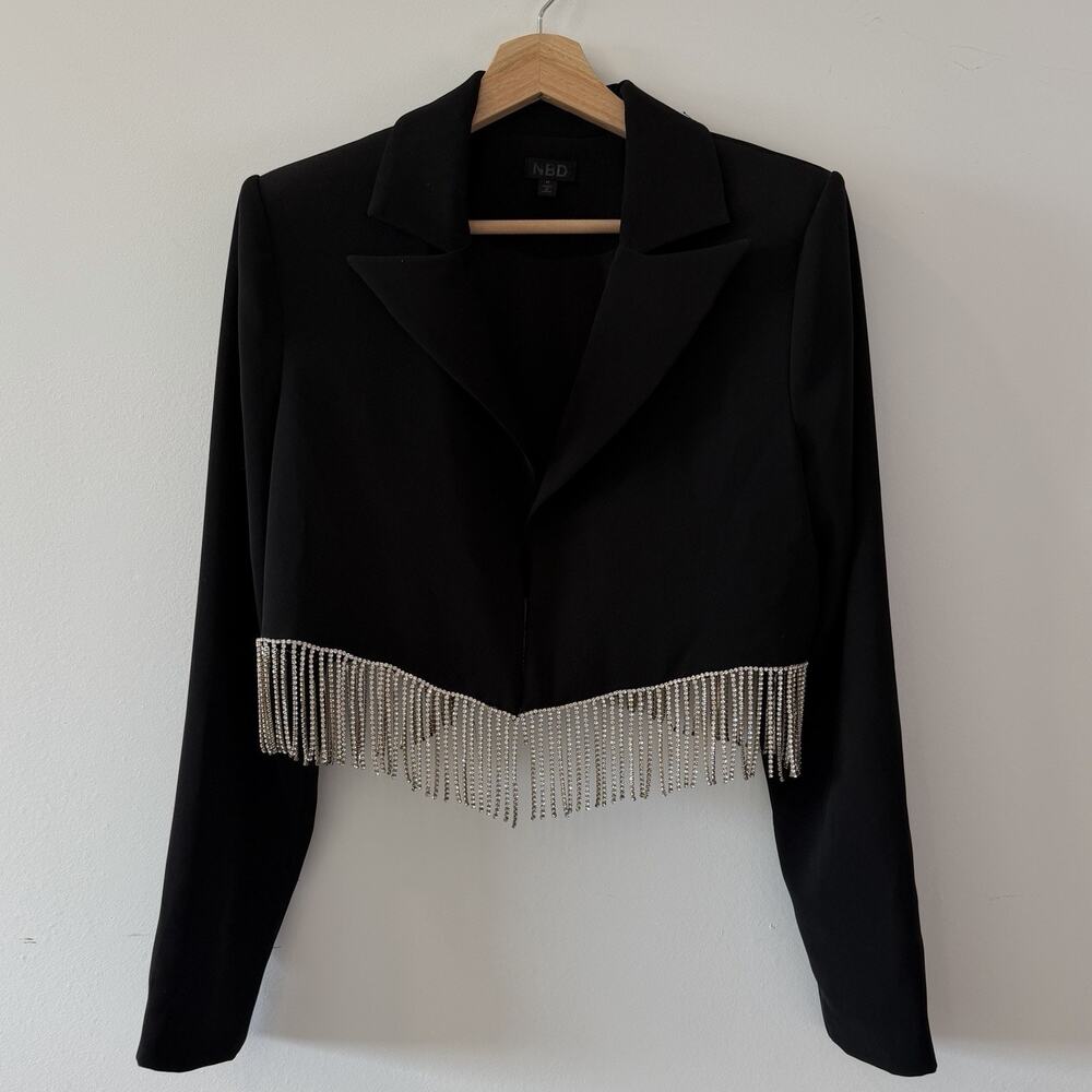 NBD Revolve Cropped Blazer Black With Rhinestone Fringe Size M